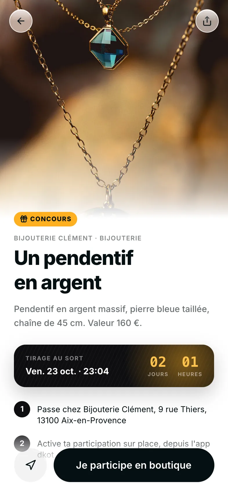 Un concours : un pendentif en argent à gagner, tirage dans deux jours