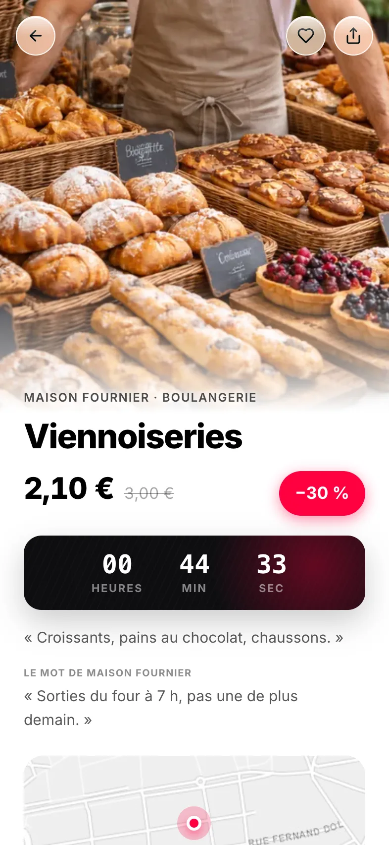 La fiche de viennoiseries à −30 %, avec son compte à rebours