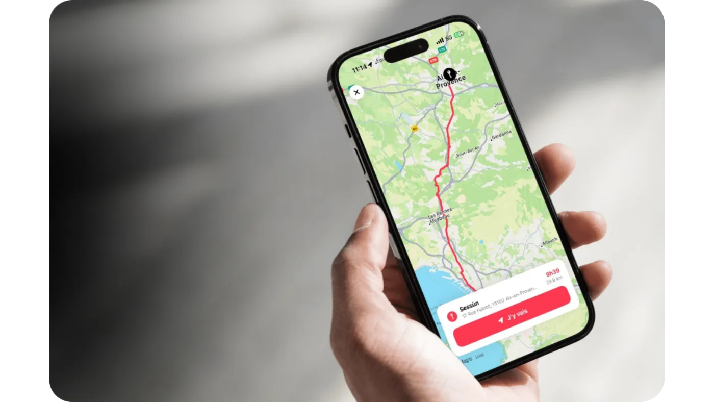 L’itinéraire vers la boutique Sessùn depuis l’application dkot